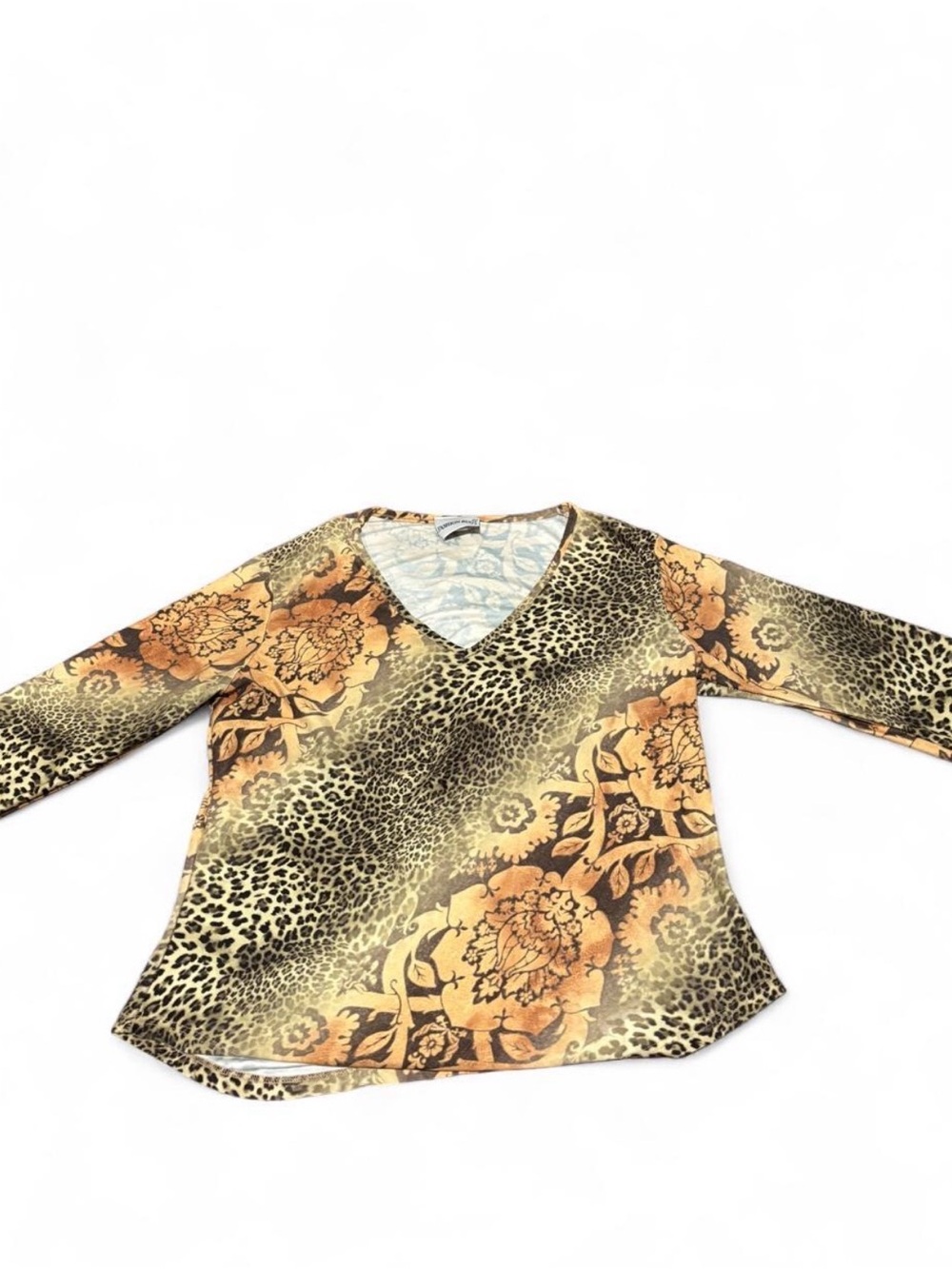 Fashion Bug V-Neck Long Sleeve Top in Gold and Brown Floral Leopard
